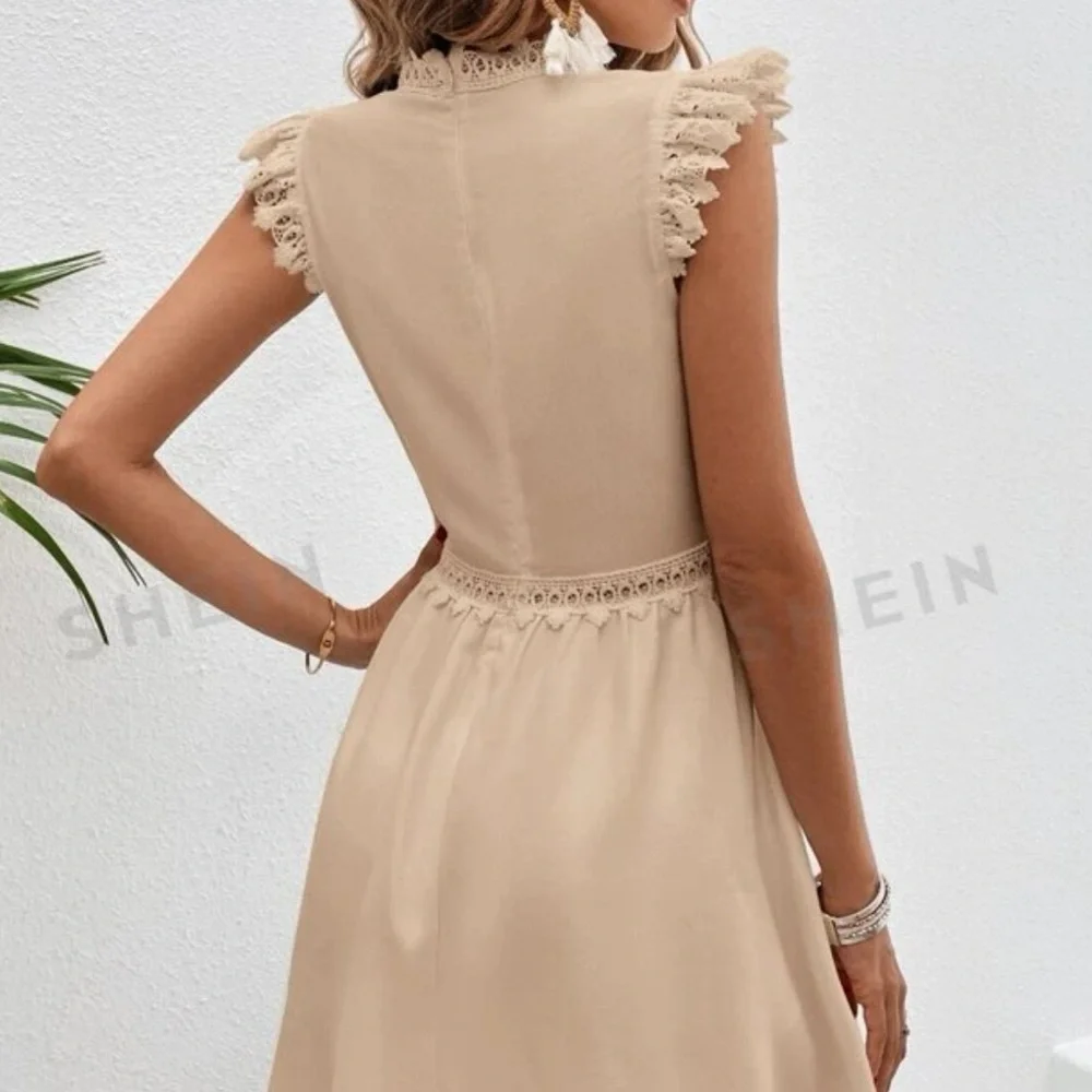 NWT SHEIN Tan Short Sleeves Lace Front Flowy Sun Dress Size S - Picture 3 of 14